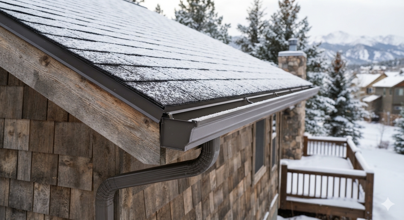 Snow-dusted roof eave with a properly installed, ice-free gutter system preventing ice dam formation